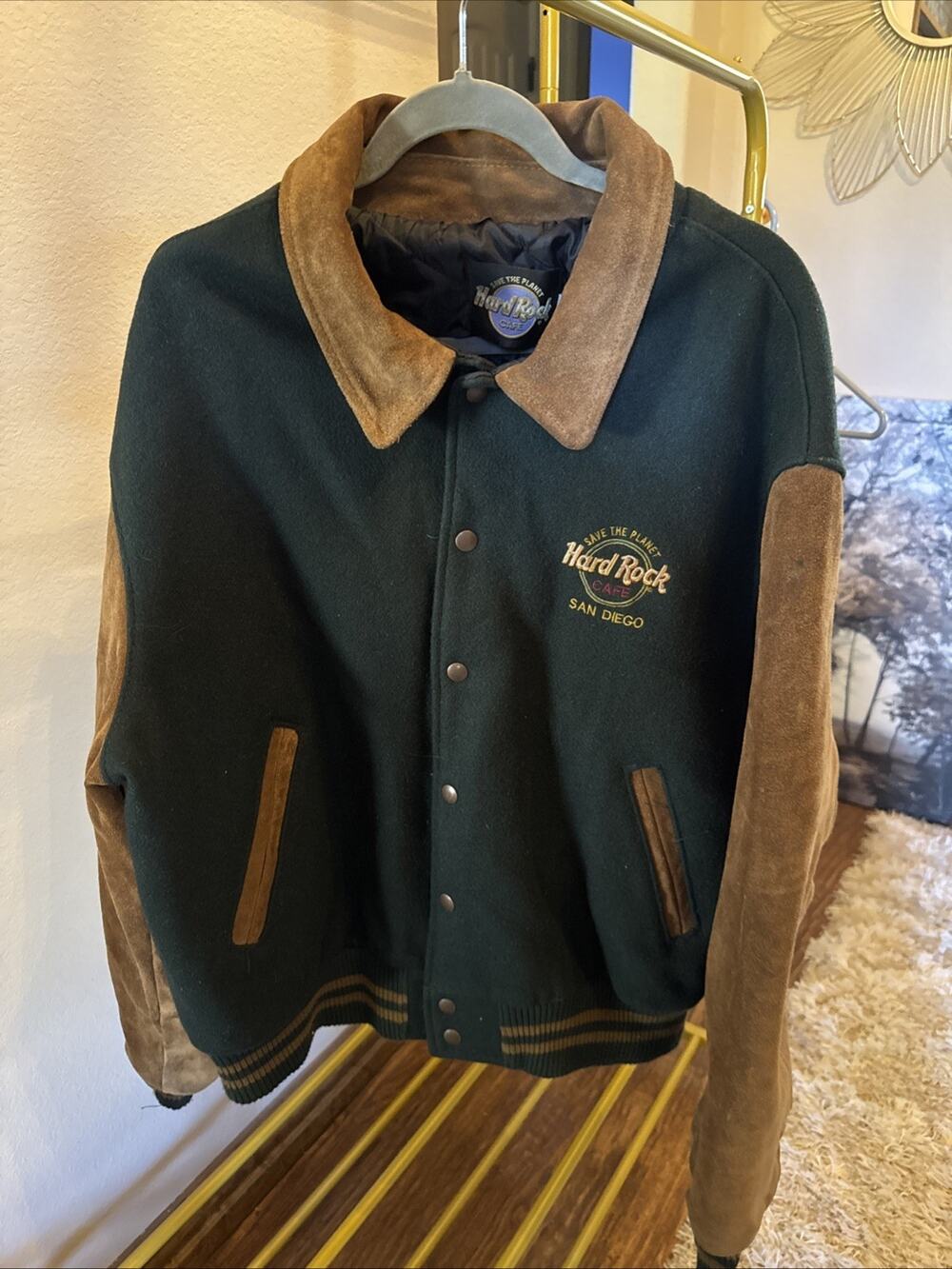 Vintage 90’s Hard Rock Suede Varsity Coat Size XL- Save The Planet San Diego.